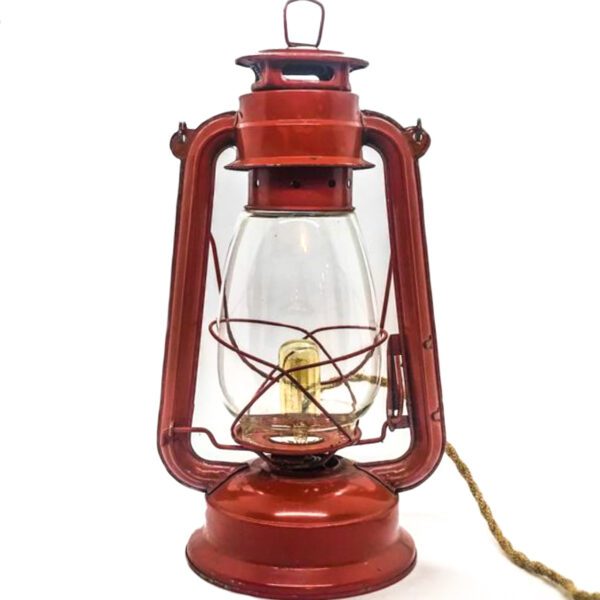 A Vintage Lantern converted to Desk Lamp on a white background.