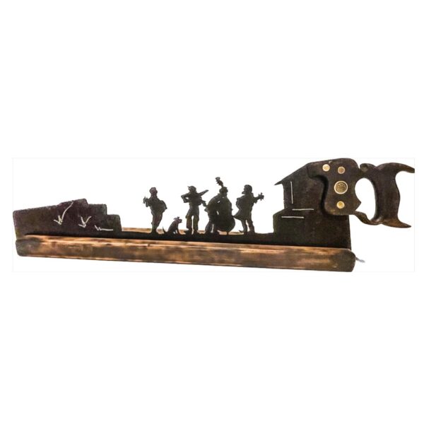 A sculpture of a group of people on a wooden base.