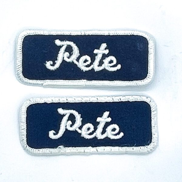 Two Vintage "Pete" iron on patches with the name pete on them.