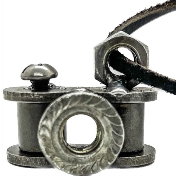 A black and silver necklace with a nut and bolt on it.