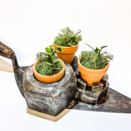 Three trowel succulent planters are sitting on a shovel.